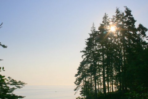 Sun rising over the Strait of Juan de Fuca; Canada lost in the mist over the water