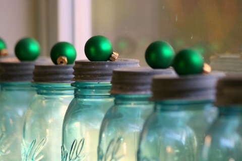 Small ball ornaments on vintage Ball jars